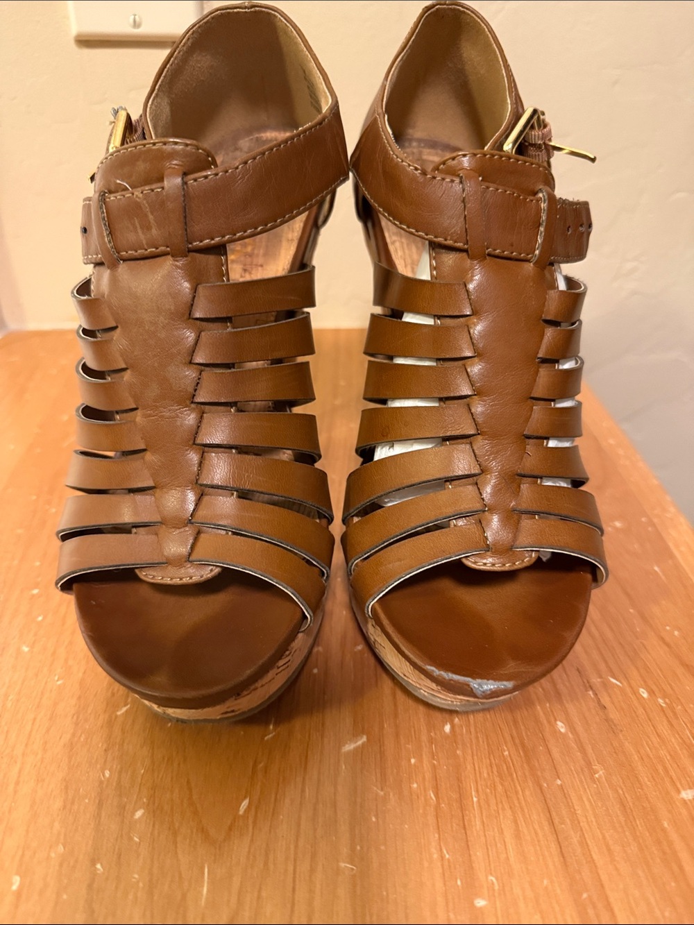 MIA Brown Strappy Wedge Sandals with Ankle Buckle